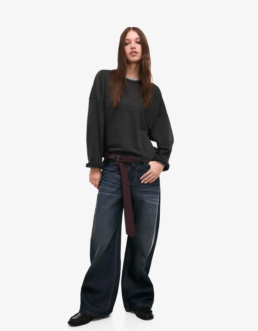Jeans ample taille basse-Bleu lavé