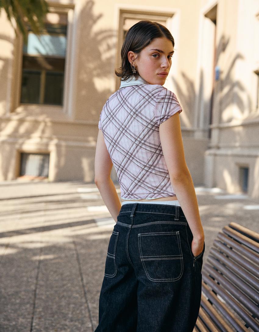 Printed short sleeve tulle T-shirt-Pink-1