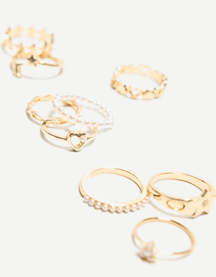 Pack 9 anillos finos perlas-Oro