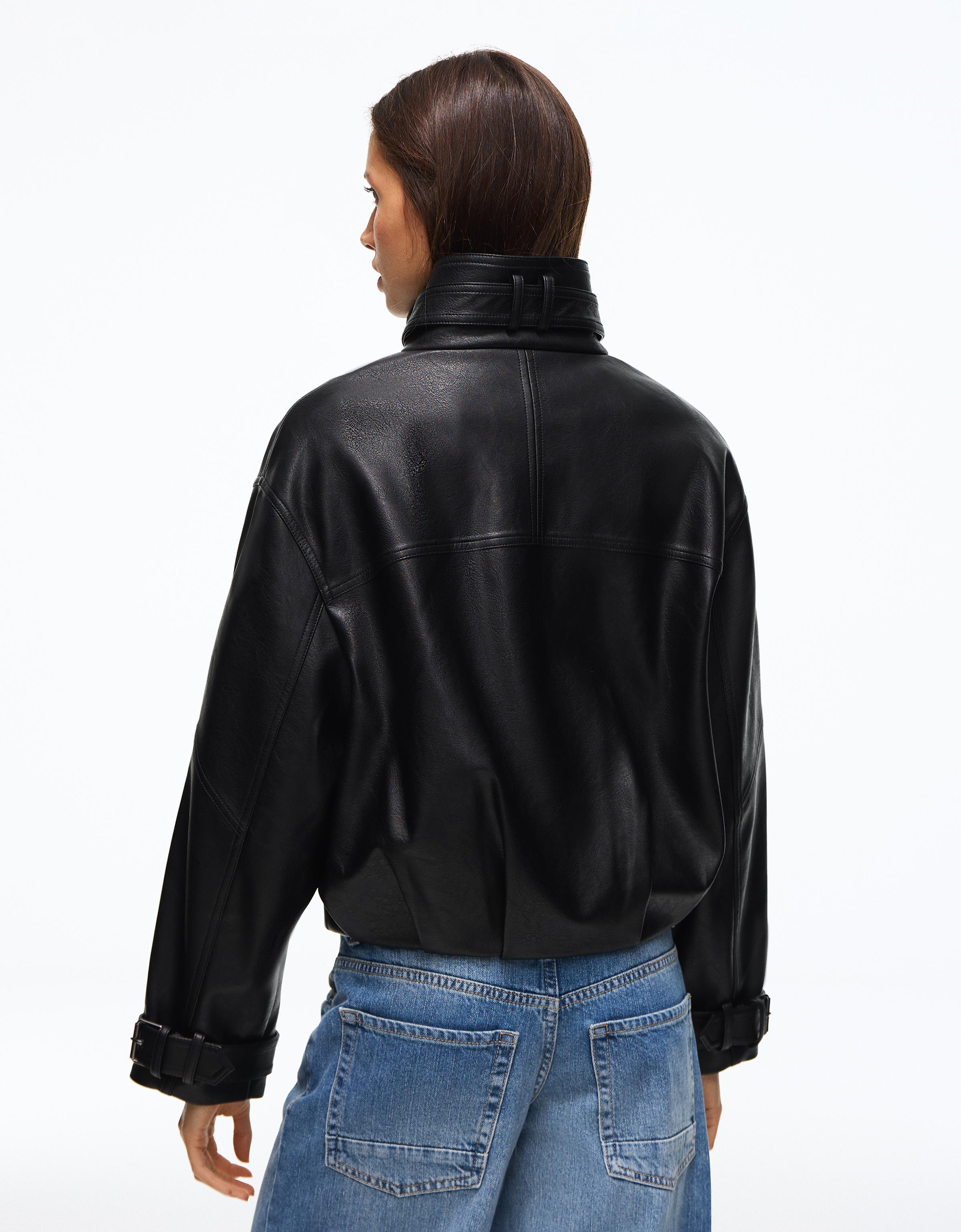 Leather effect funnel neck jacket — Black