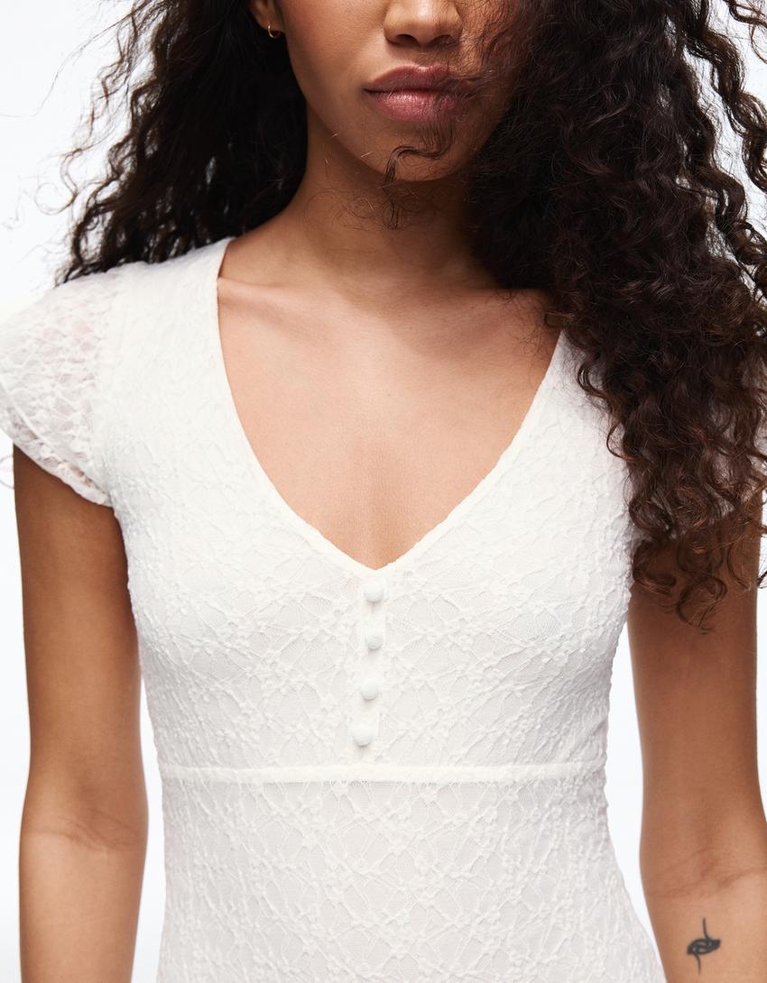 Robe midi en dentelle-Écru