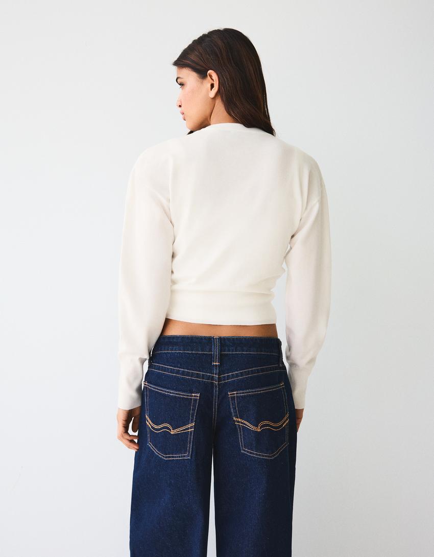 Striped crew neck button-up jacket-Cream