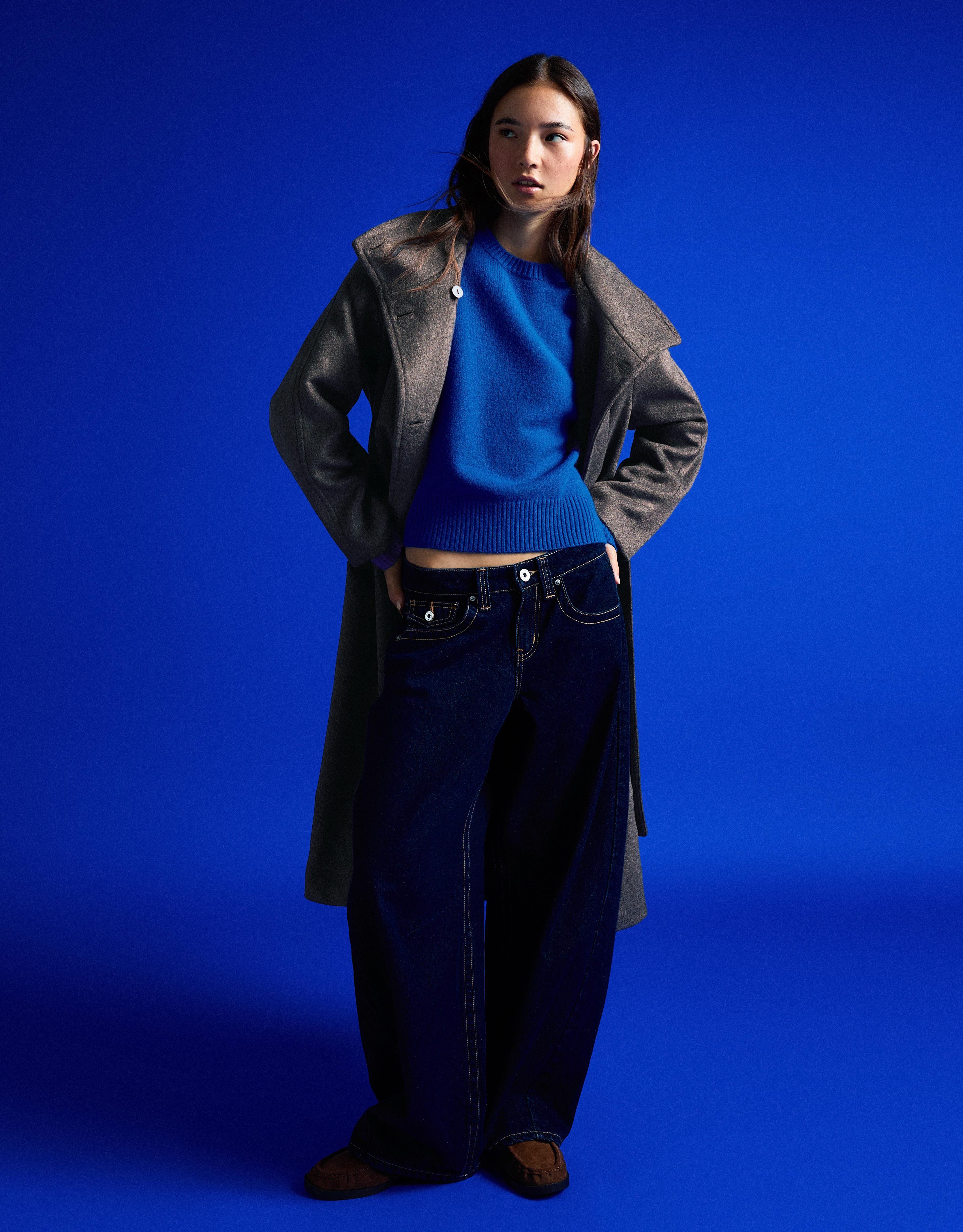 Long funnel neck coat with belt — Dark grey