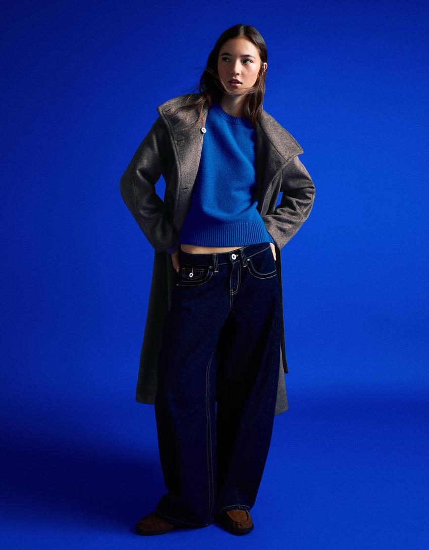 Long funnel neck coat with belt-Dark grey