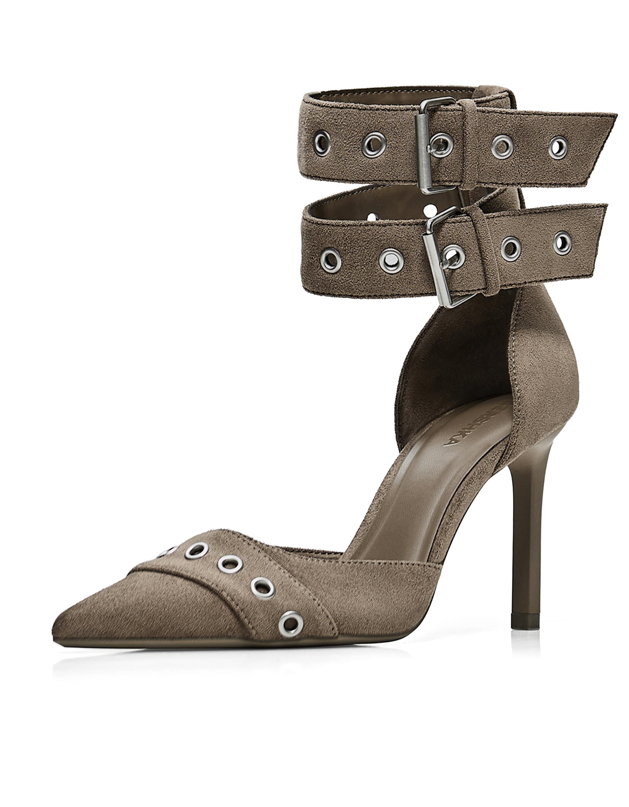 MULTI-BUCKLE ANKLE STRAP HEELS — SAND