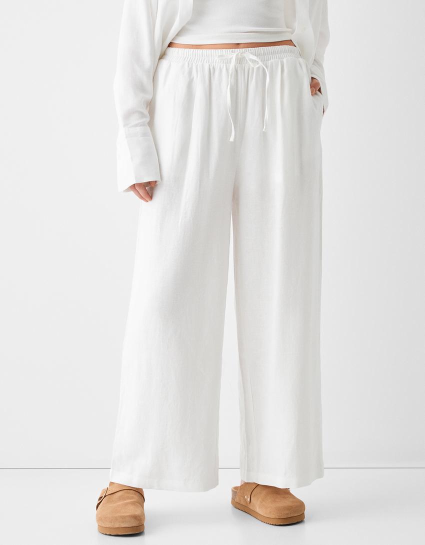 Culottes with linen and an elastic waist-Off white-1