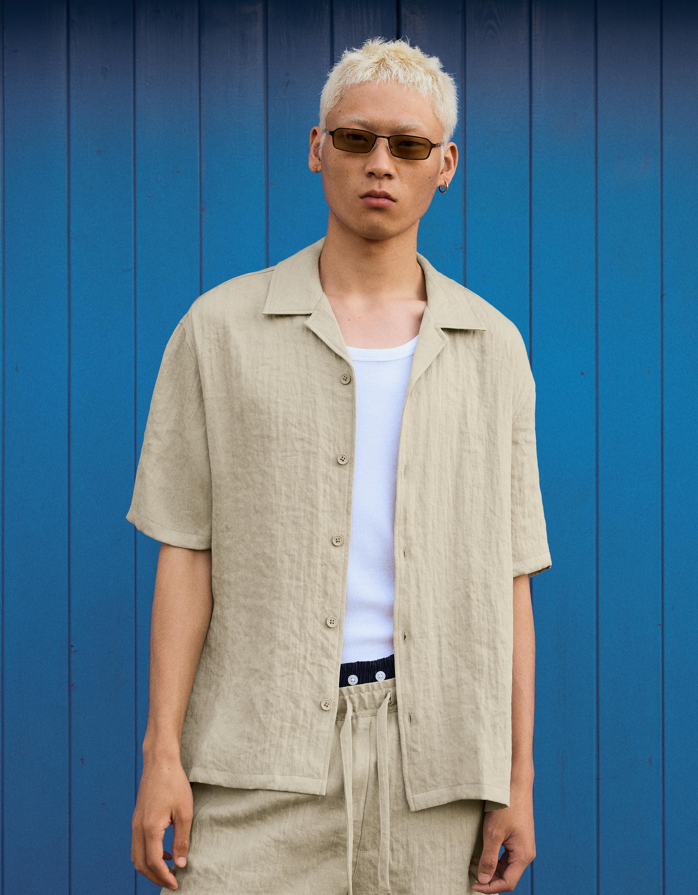 Bershka Camisa Manga Corta Rústica Hombre Verde