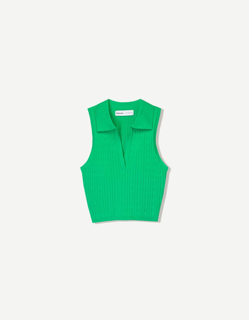 Top con collo a polo intrecciato-Verde-3