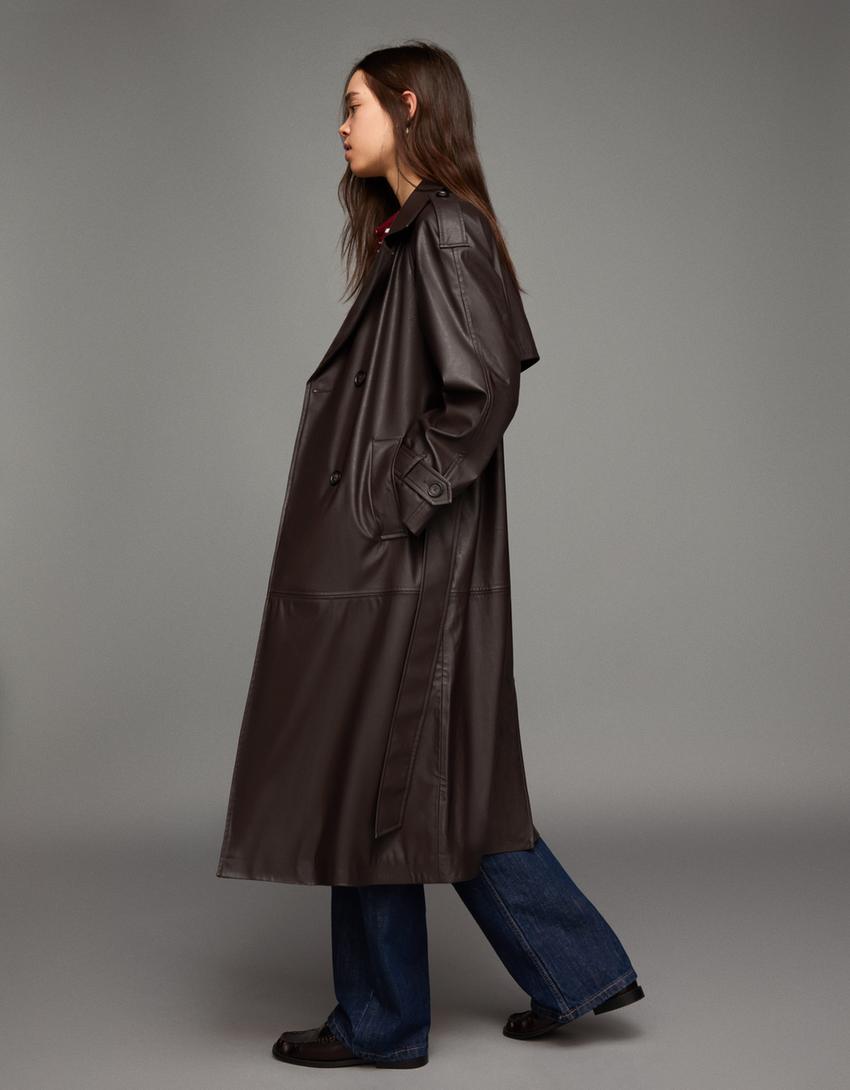 Faux leather trench coat-Brown