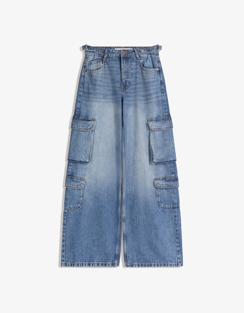 Jeans wide leg cargo-Azul lavado
