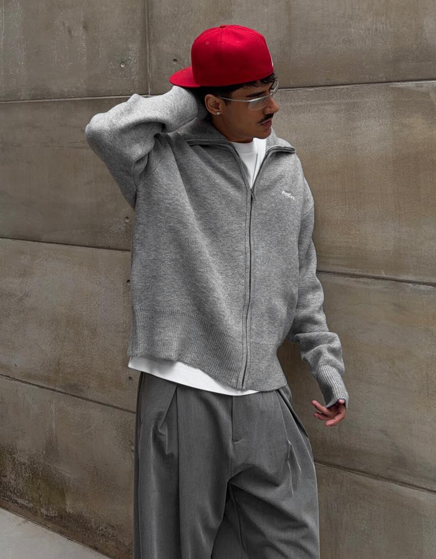 Boxy zip-up knit jacket-Grey