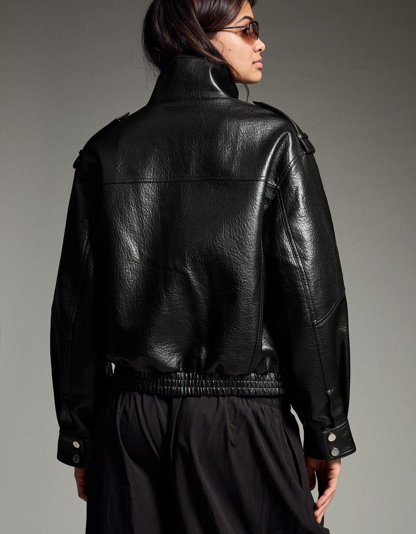 Faux leather funnel collar jacket-Black