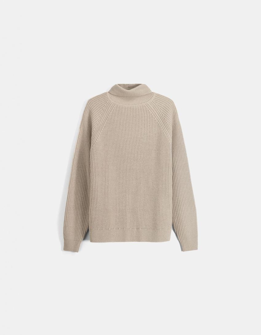 Pull col roulé épais laine mélangée-Taupe-4