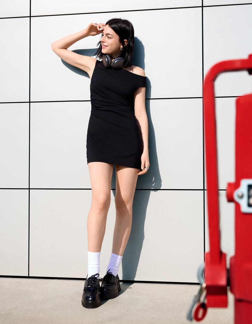 Stretch mini dress with Bardot neckline-Black