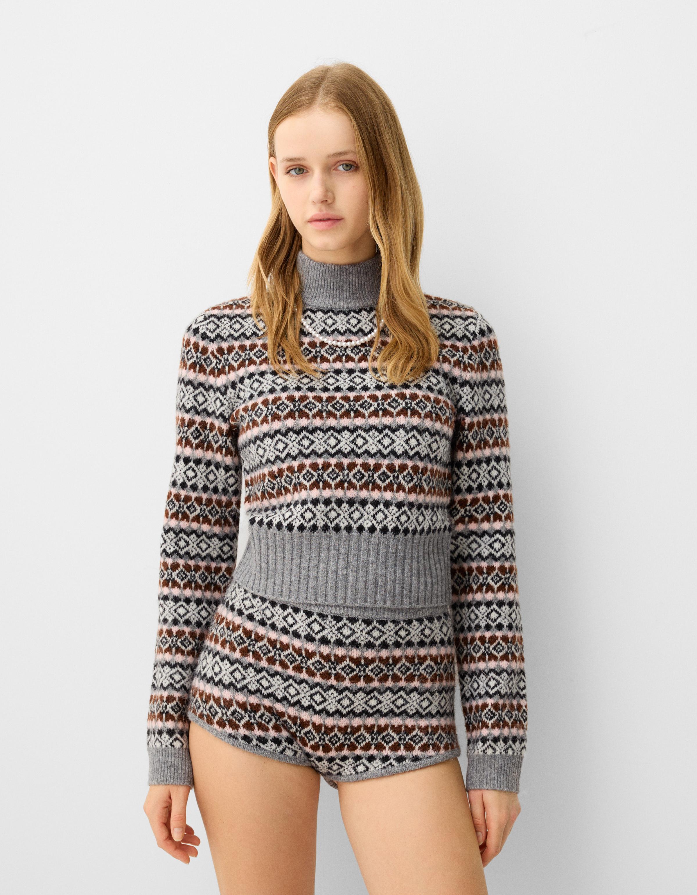 Bershka Jacquard-Rollkragenpullover Damen Xs Grau