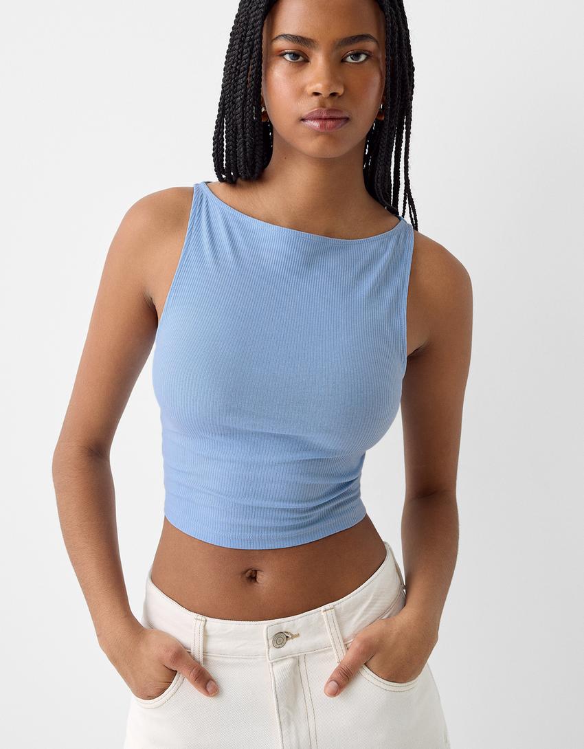 Sleeveless ribbed T-shirt-Light blue-2