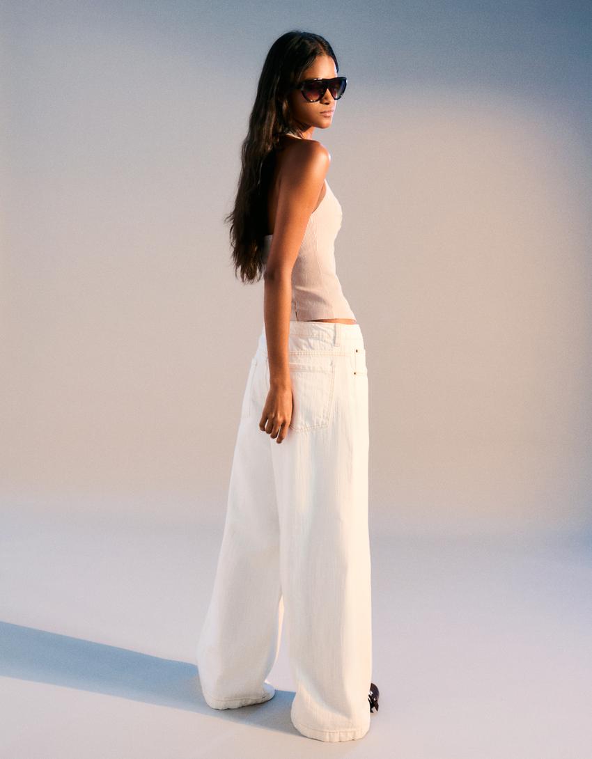 Pantaloni wide leg-Ecru-1