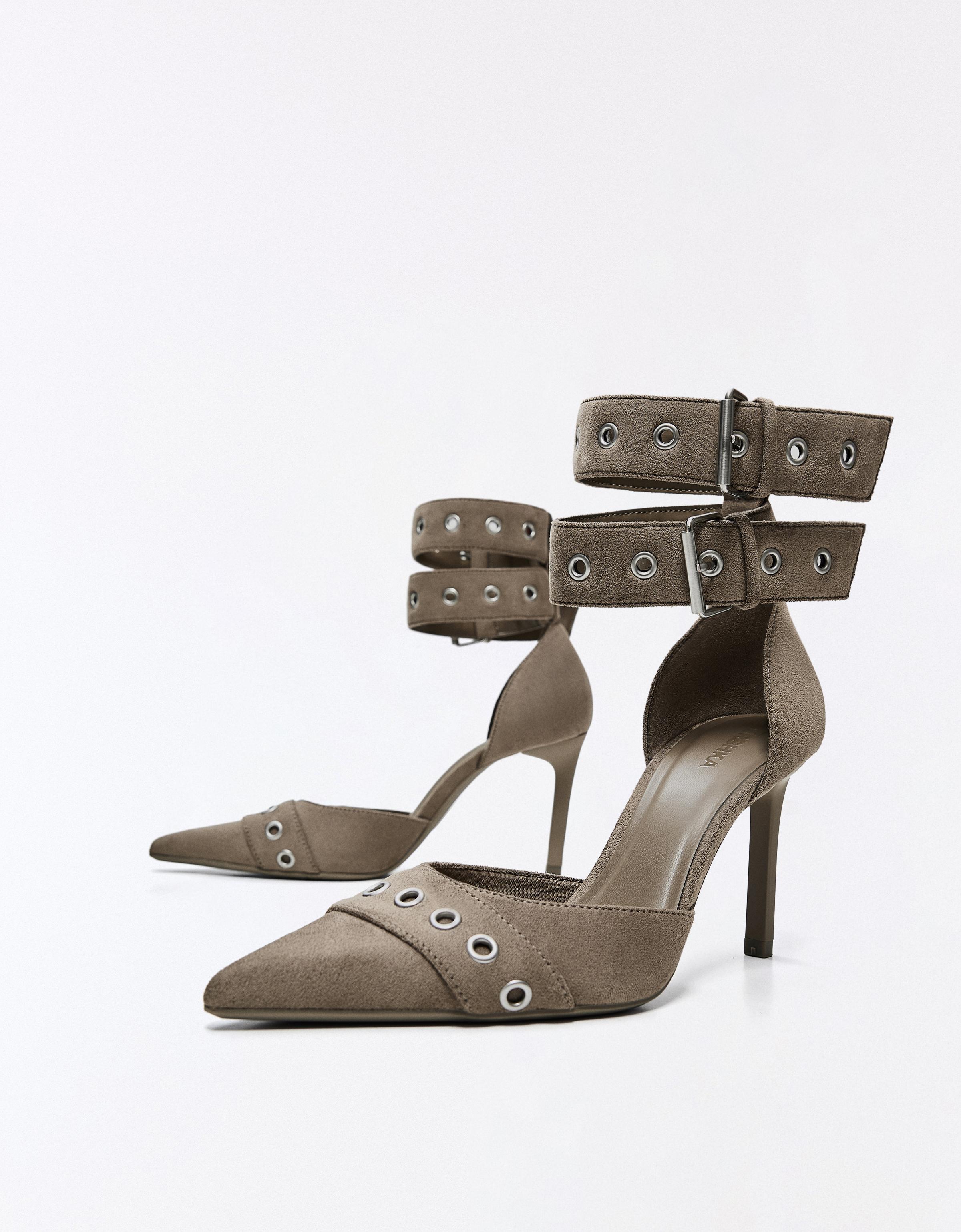 MULTI-BUCKLE ANKLE STRAP HEELS — SAND