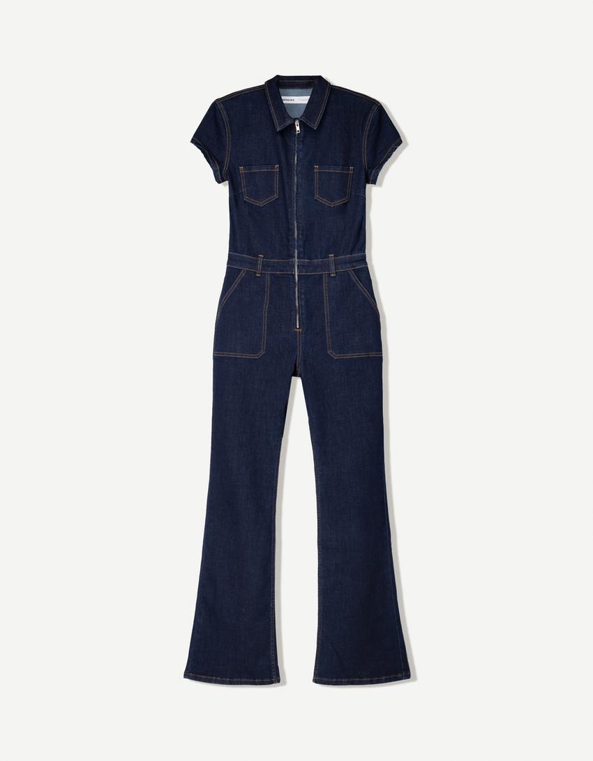 Tuta intera lunga in denim a maniche corte-Marino-4