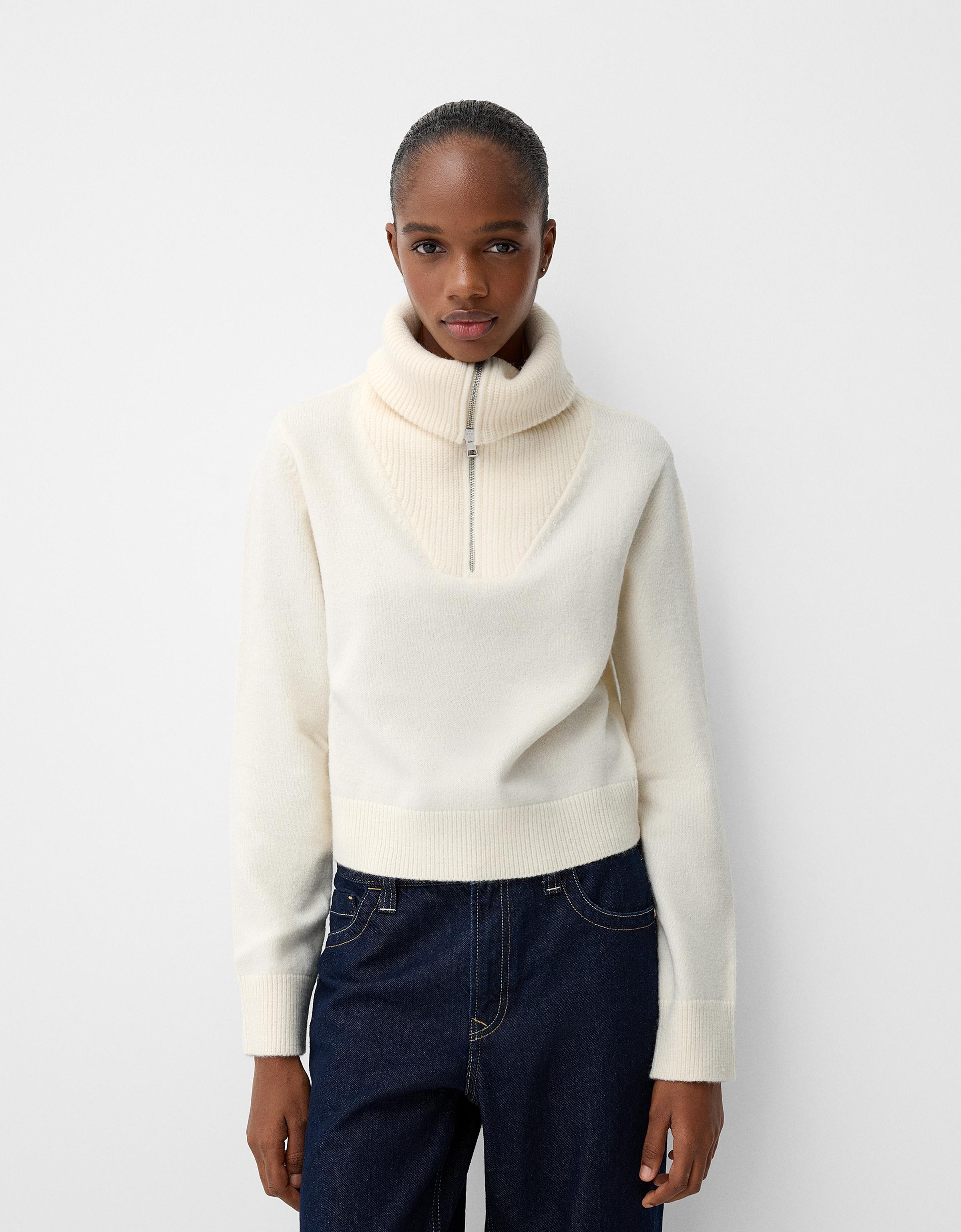 Bershka Sportlicher Rollkragenpullover Mit Reißverschluss Damen S Rohweiß