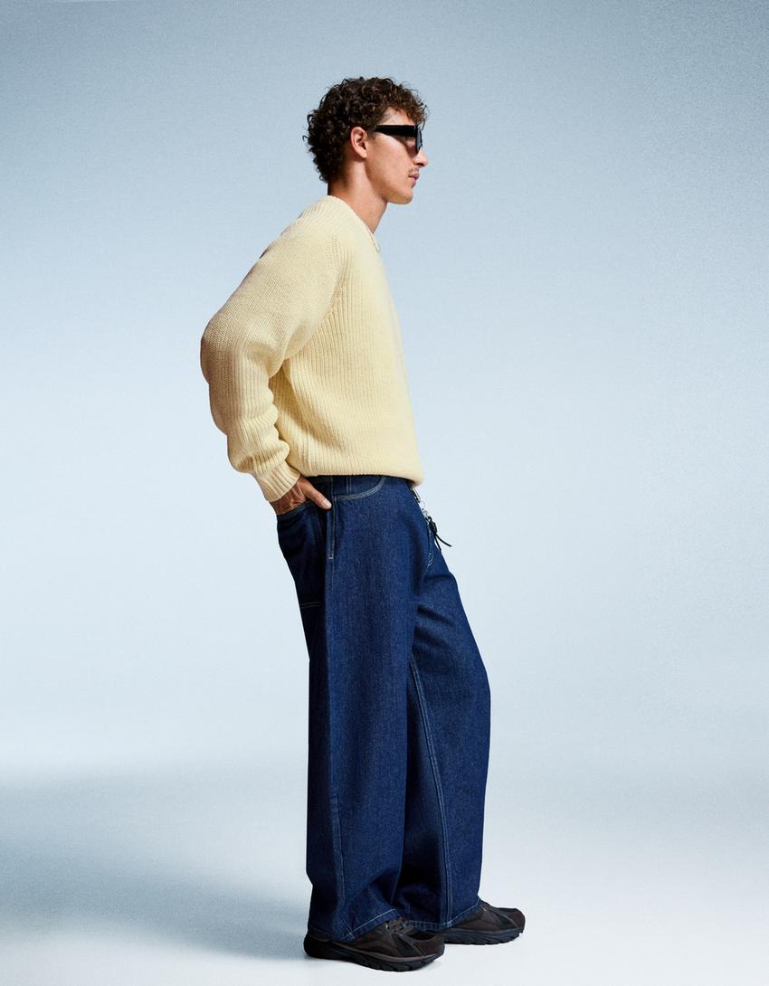 Pull en maille à côtes perlées avec laine-Jaune