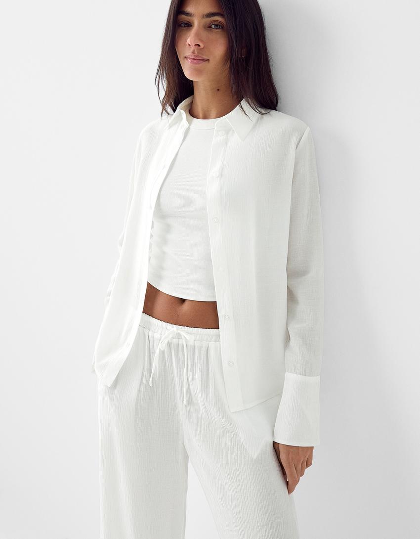 قميص كريب ضيق بأكمام طويلة-أبيض مطفي-2