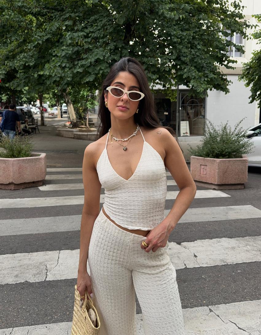Pantalon wide leg-Écru