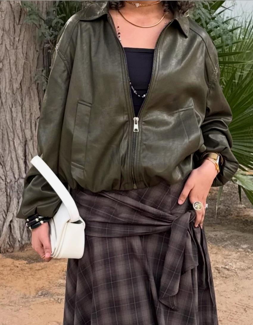 Kurtka ze sztucznej skóry o balonowym kroju-Khaki