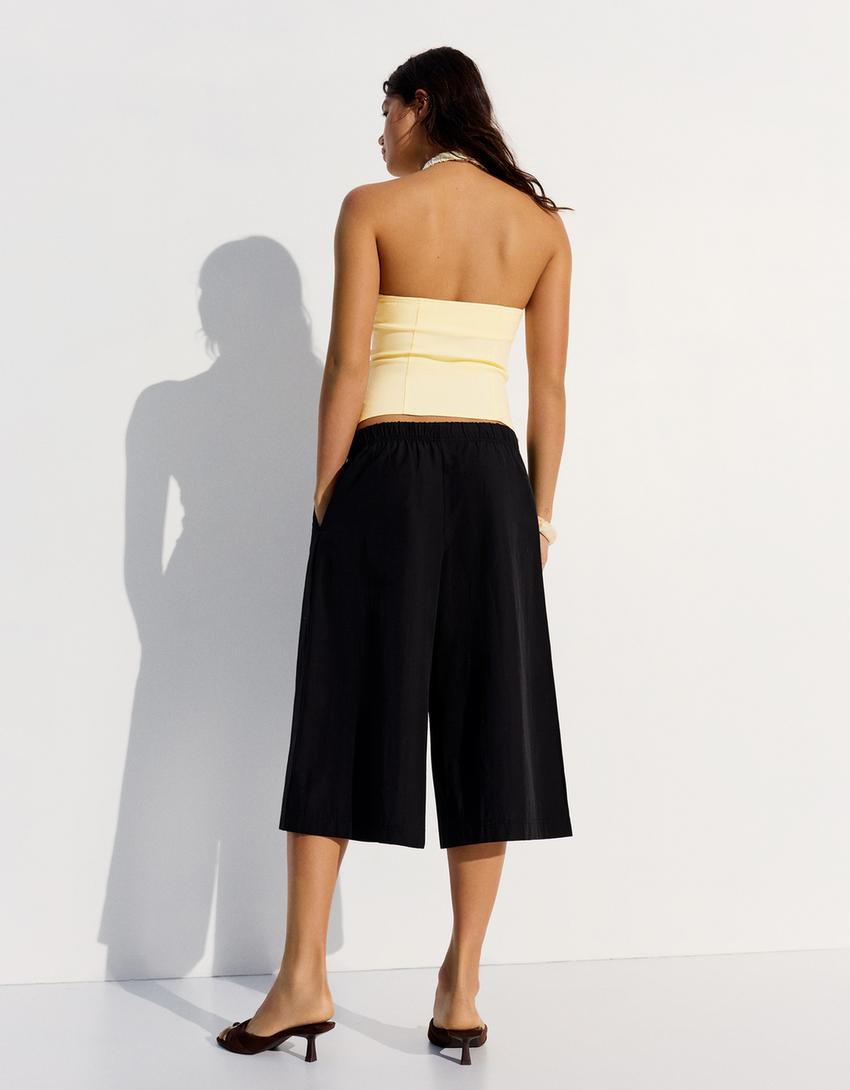 Lastikli belli culotte bermuda-Siyah