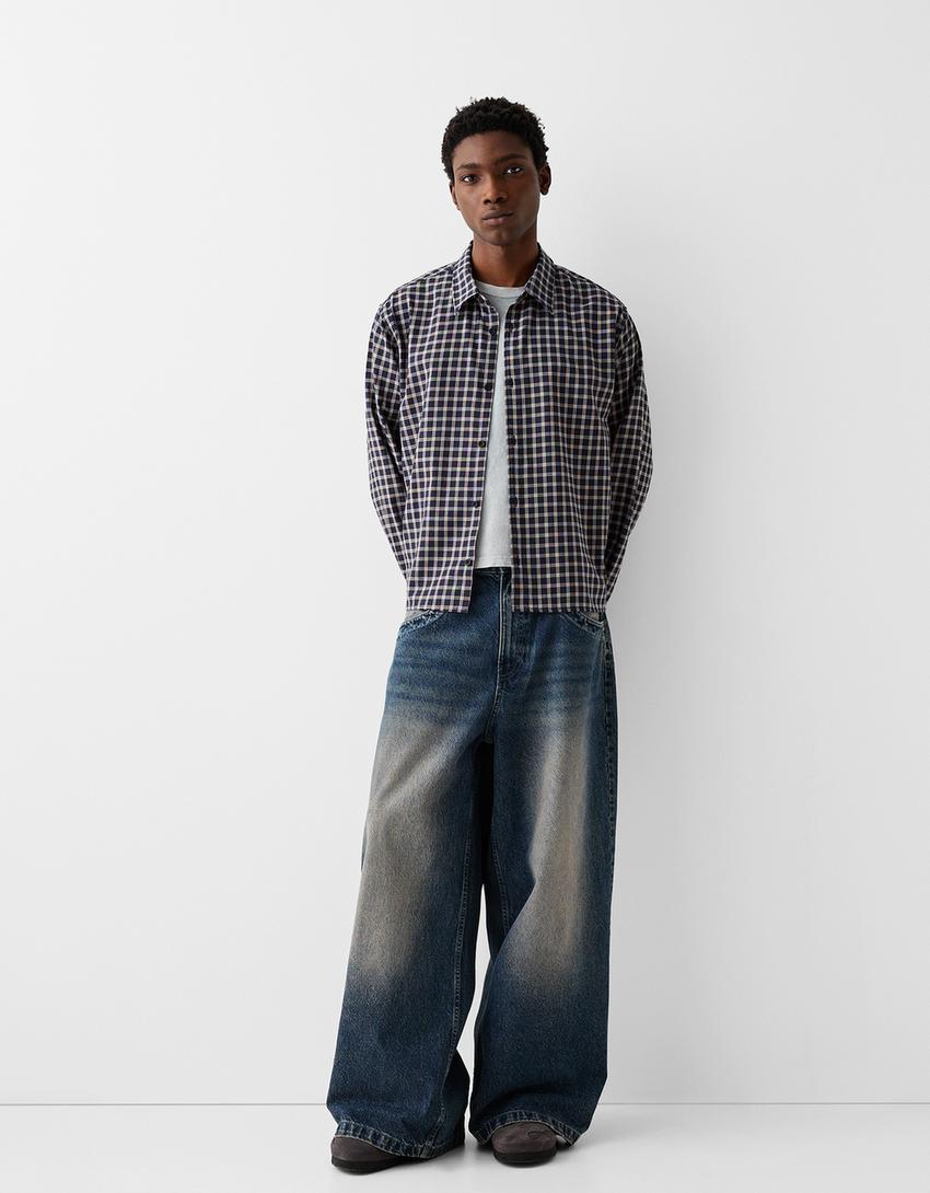 قميص مربعات بأكمام طويلة وقصة مربعة-كحلي-3