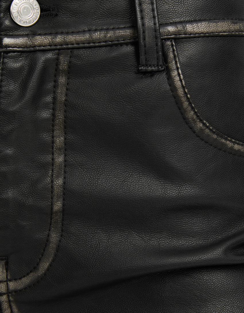 سروال بقصة مستقيمة من جلد صناعي معتق-أسود-5