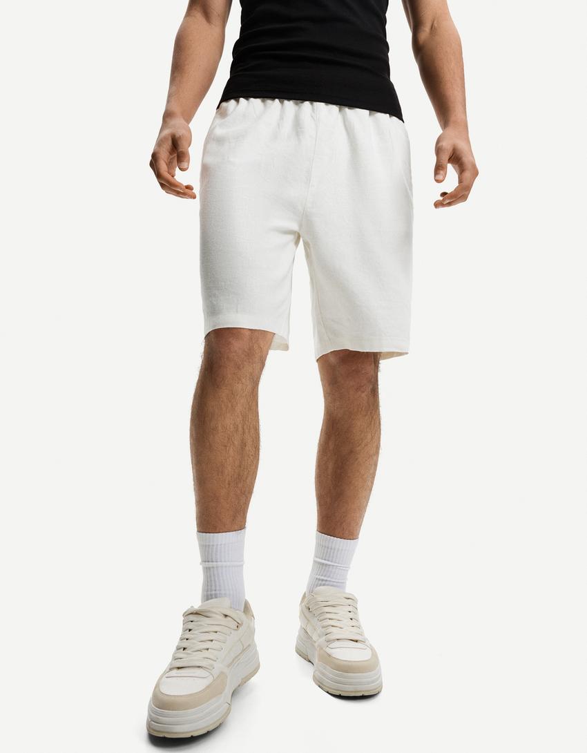 Calções bermuda loose jogger com linho-Branco