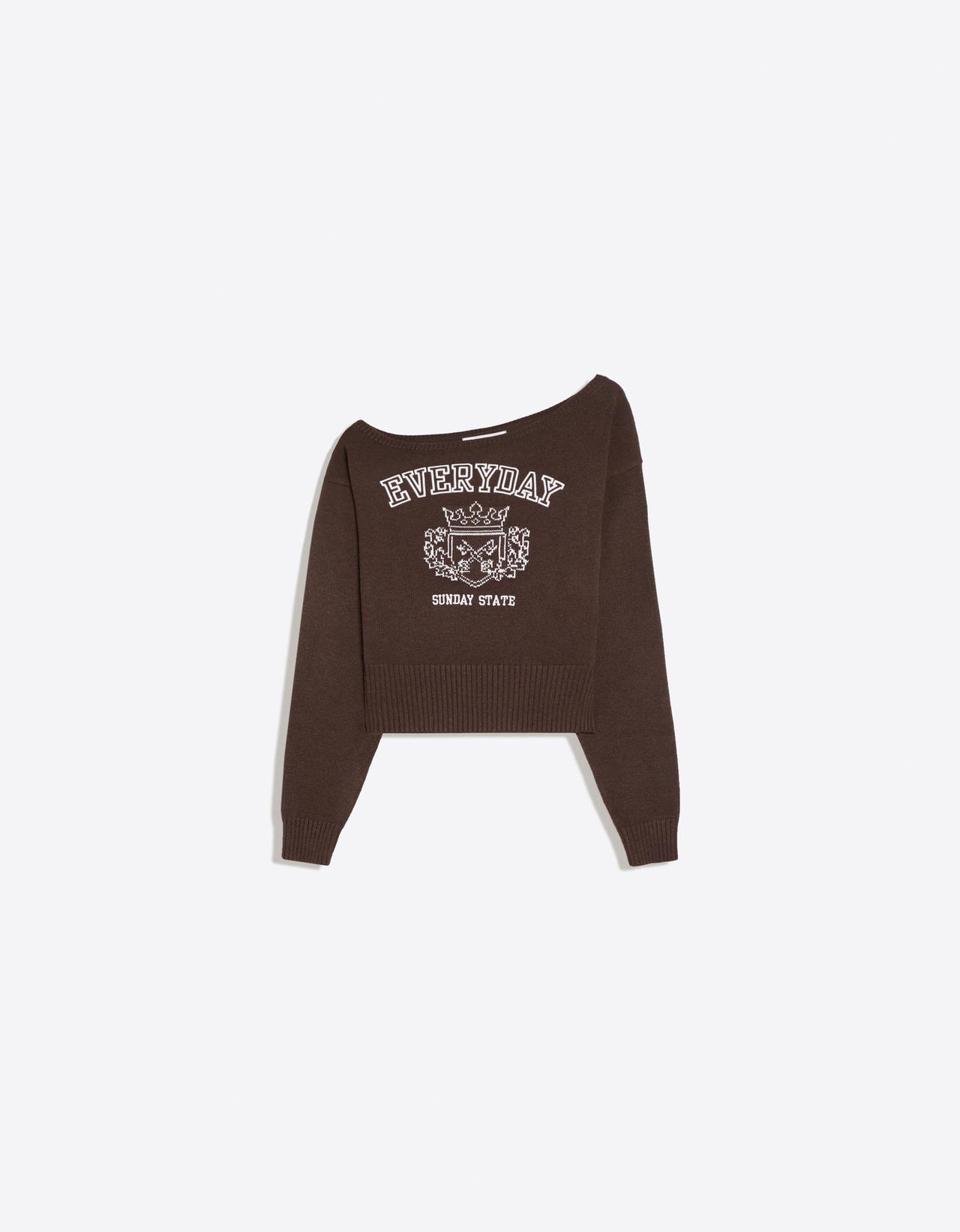 Asymmetric-neck printed jumper — Brown