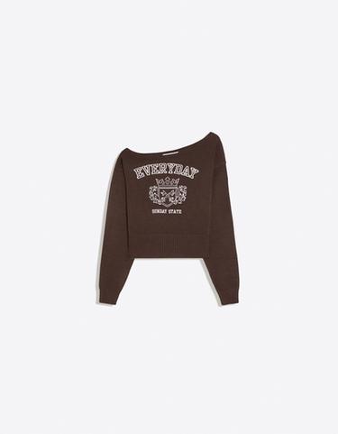 Asymmetric-neck printed jumper — Brown 5