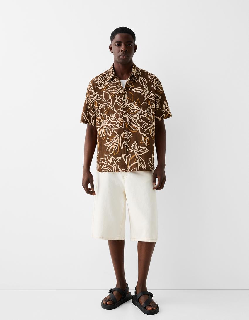 Chemise manches courtes loose fit imprimée-Marron-3
