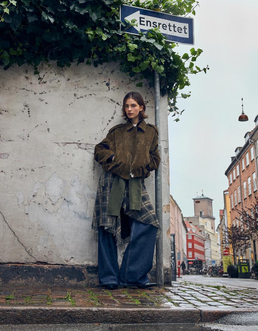 Leather and suede jacket-Khaki