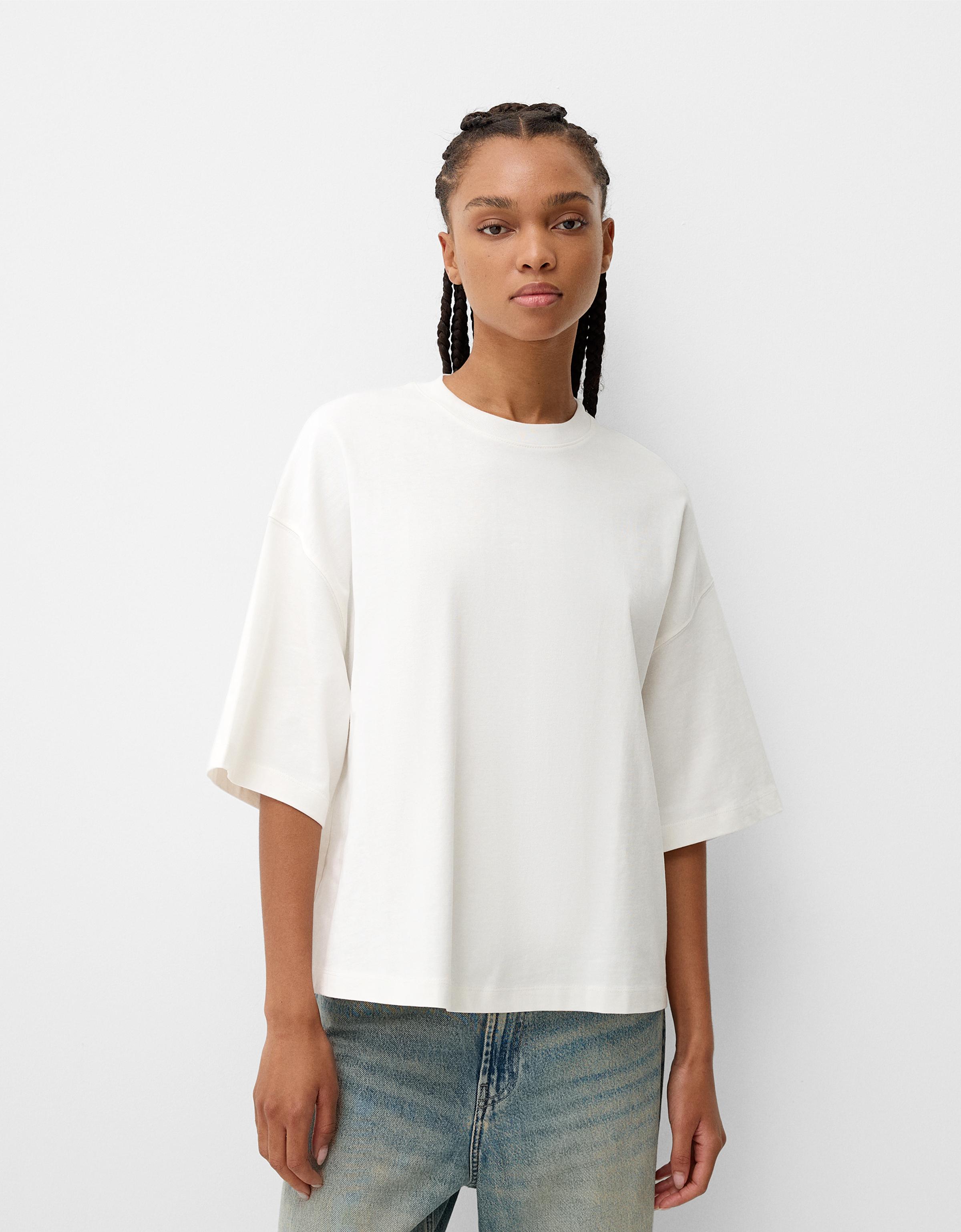 Bershka Kurzärmeliges Oversize-Shirt Damen Xl Grbrochenes Weiss