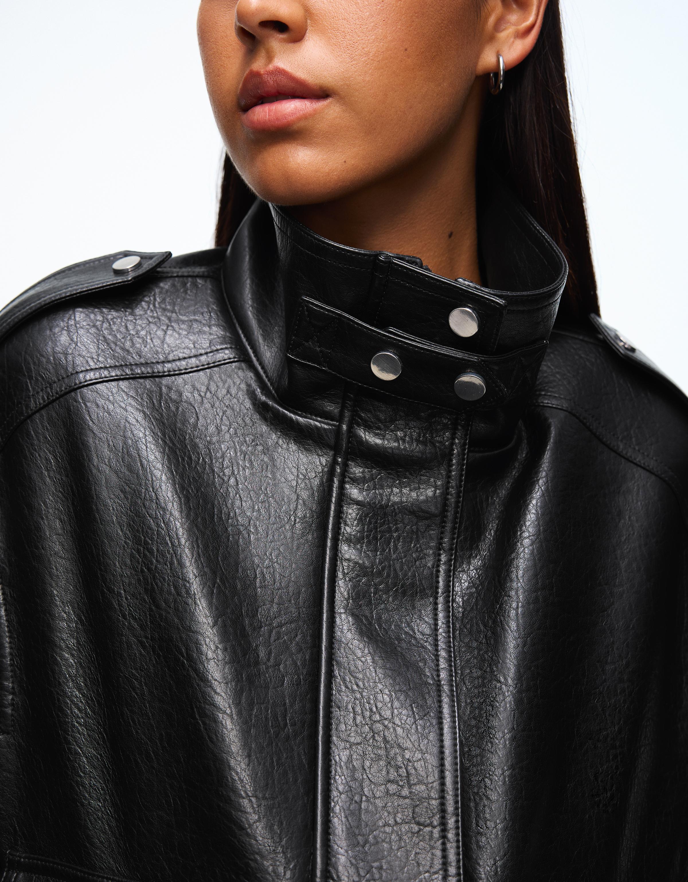 Leather effect funnel neck jacket — Black