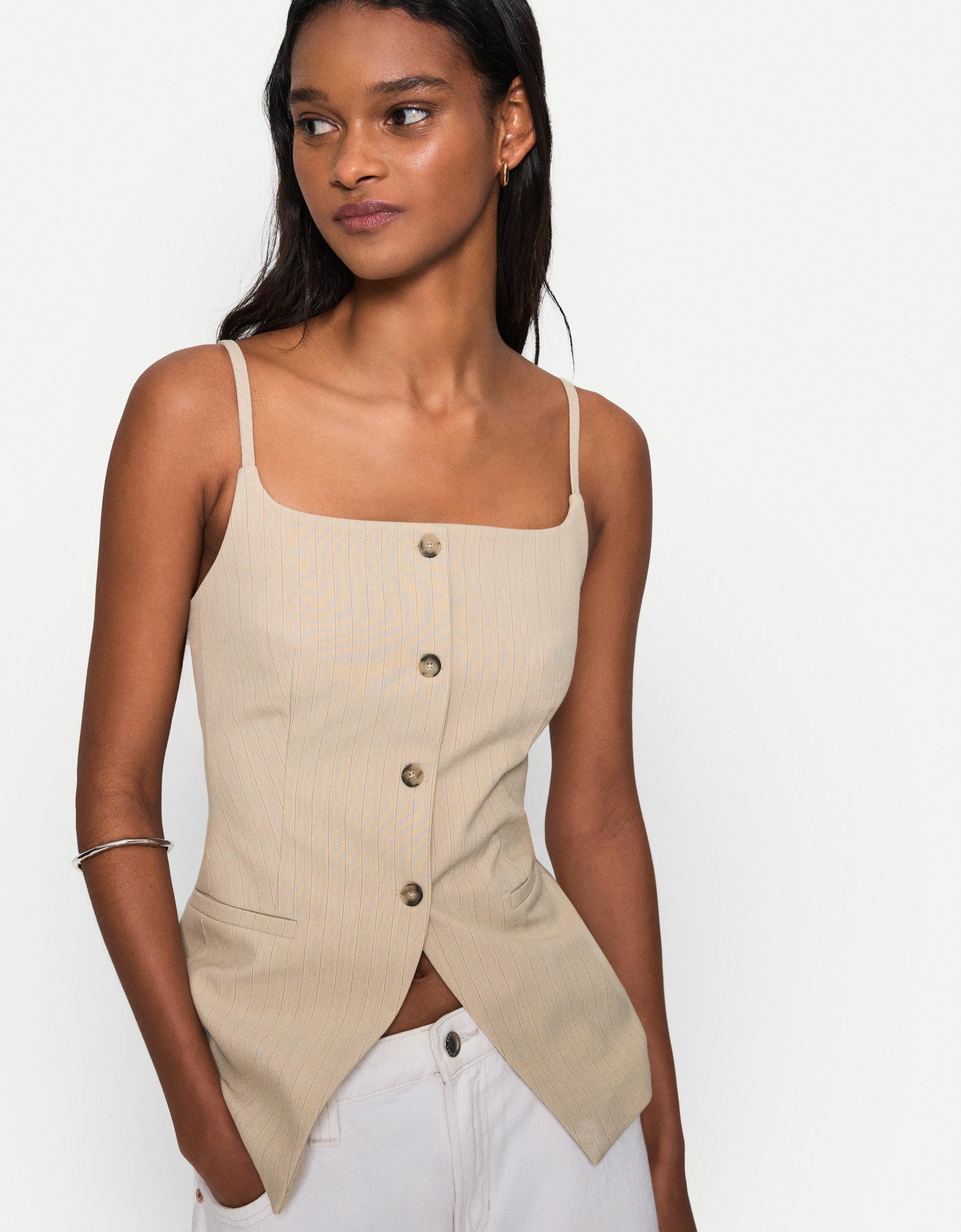 Bershka Lange Weste Mit Kastenausschnitt Damen M Beige