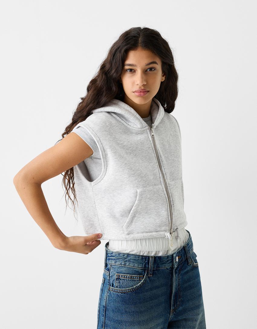 Plush zipped gilet with hood-Grey-1