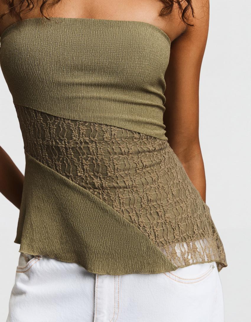 Top bandeau asymétrique en dentelle-Kaki
