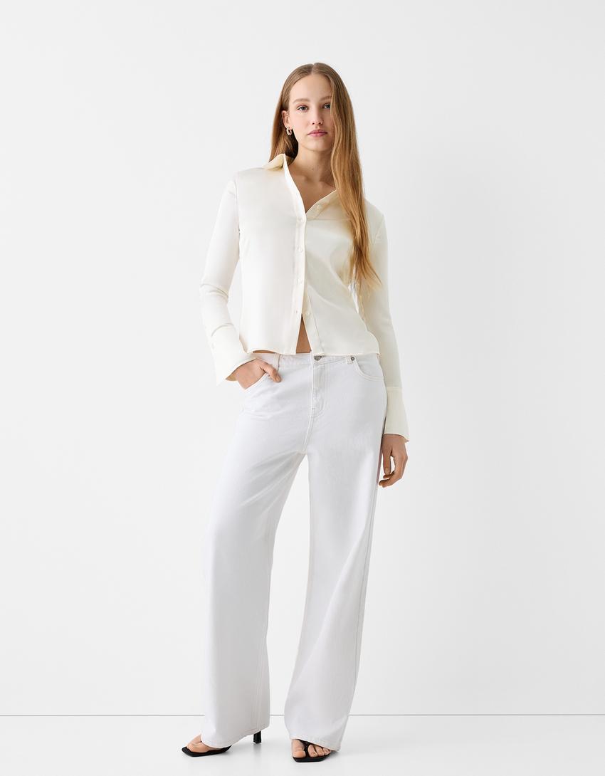 Fitted satin shirt with bell sleeves-Off white-3