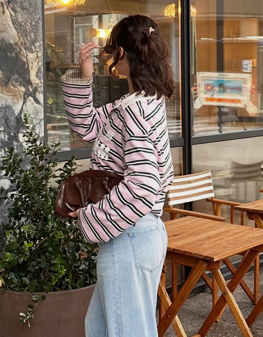 Camiseta manga larga cuello polo print-Rosa