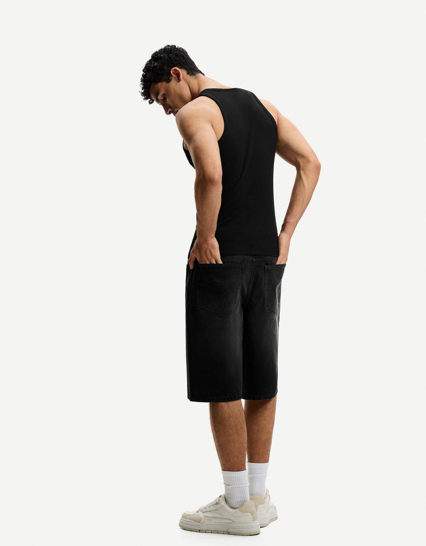 Baggy denim Bermuda shorts-Black-1
