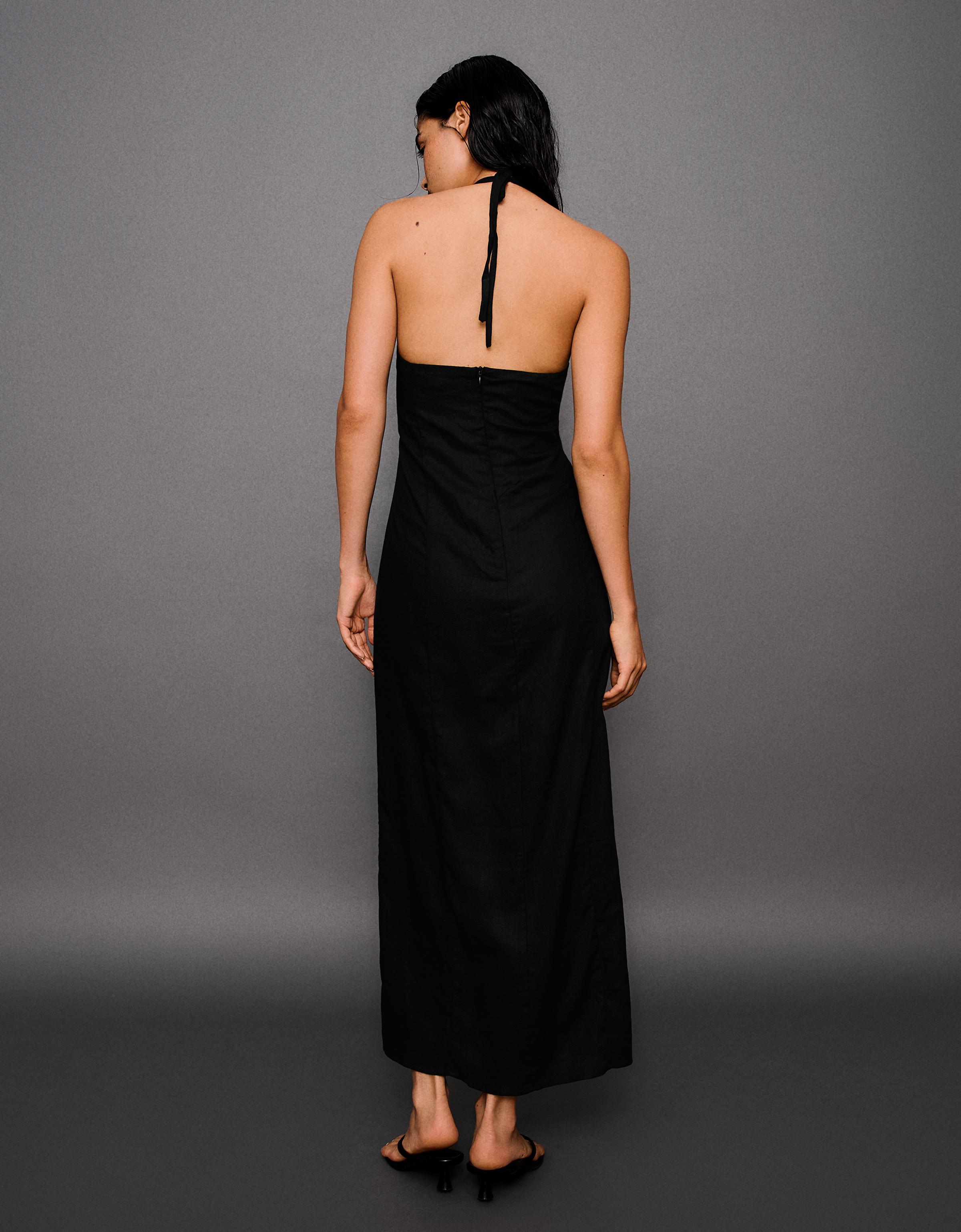 Halter midi dress with linen — Black