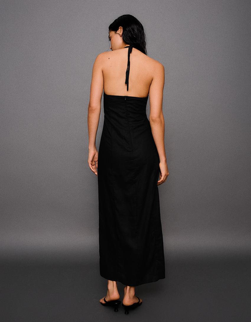 Sukienka midi halter z lnu-Czarny