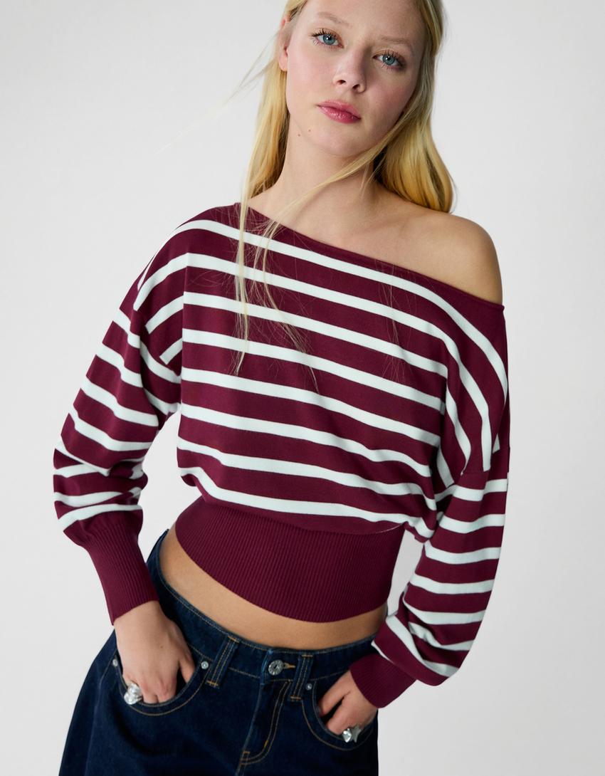 Asimetrični pulover s uzorkom-Bordo