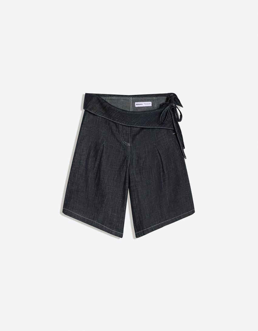 Denim Bermuda shorts with turn-up waist-Navy