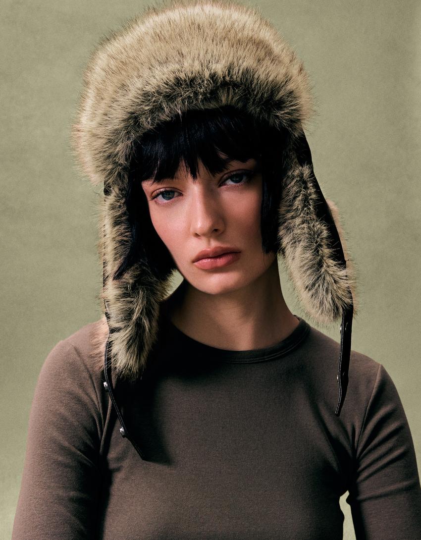 Gorro aviador efeito de pelo-Preto