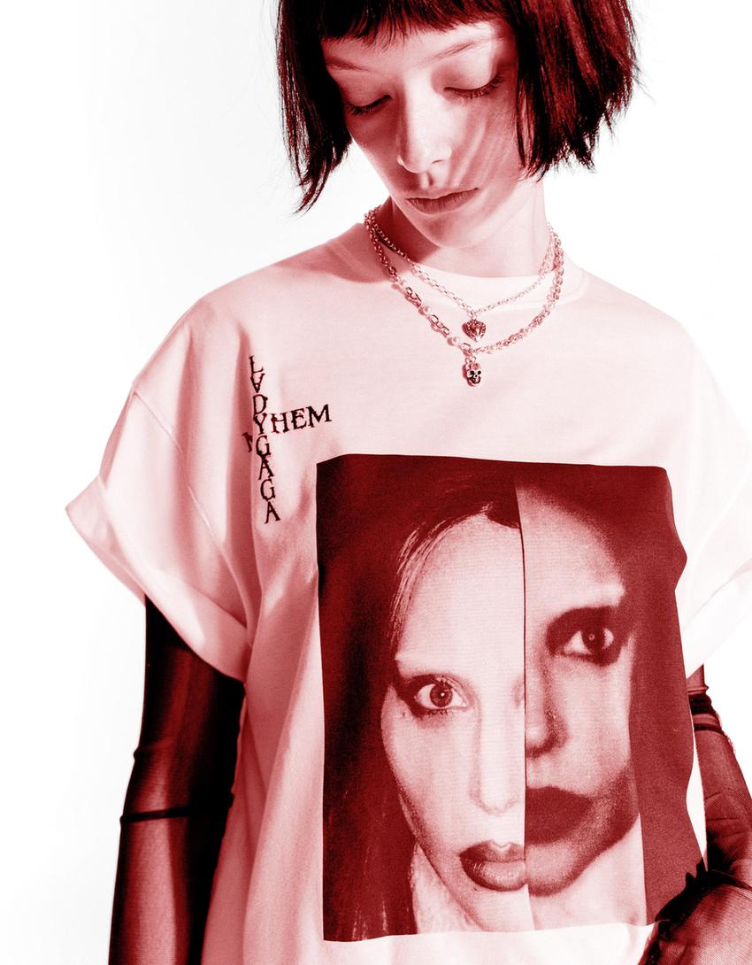 T-shirt Lady Gaga manches courtes imprimé-Blanc cassé